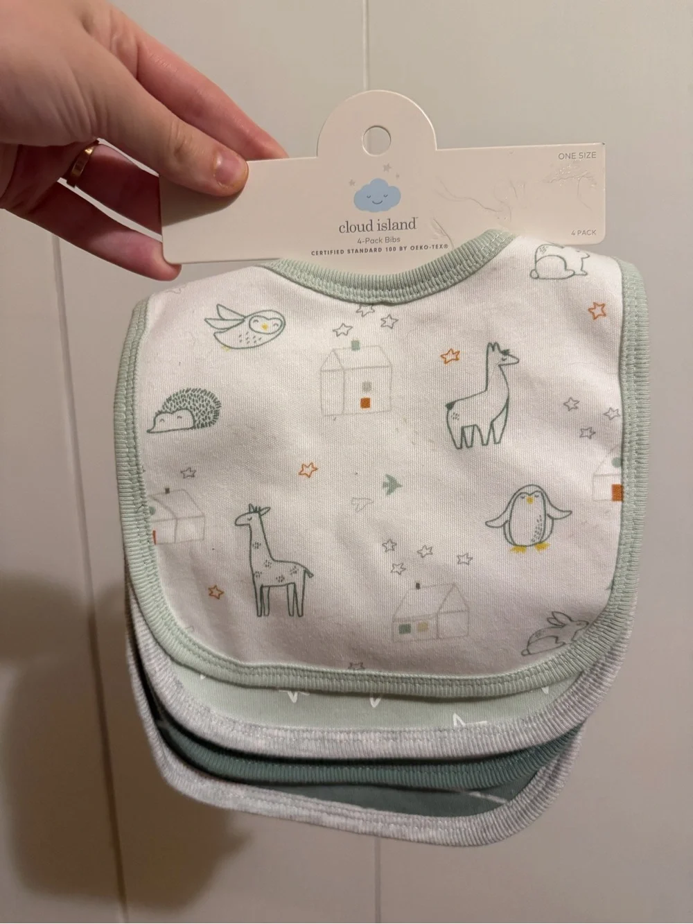 cloud island 4-Pack Baby Bibs in Mint, White, and Gray with Animal Prints